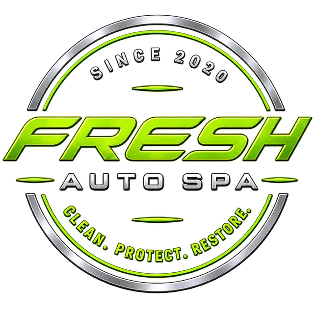 Fresh Auto Spa circular badge logo in lime green and brushed silver